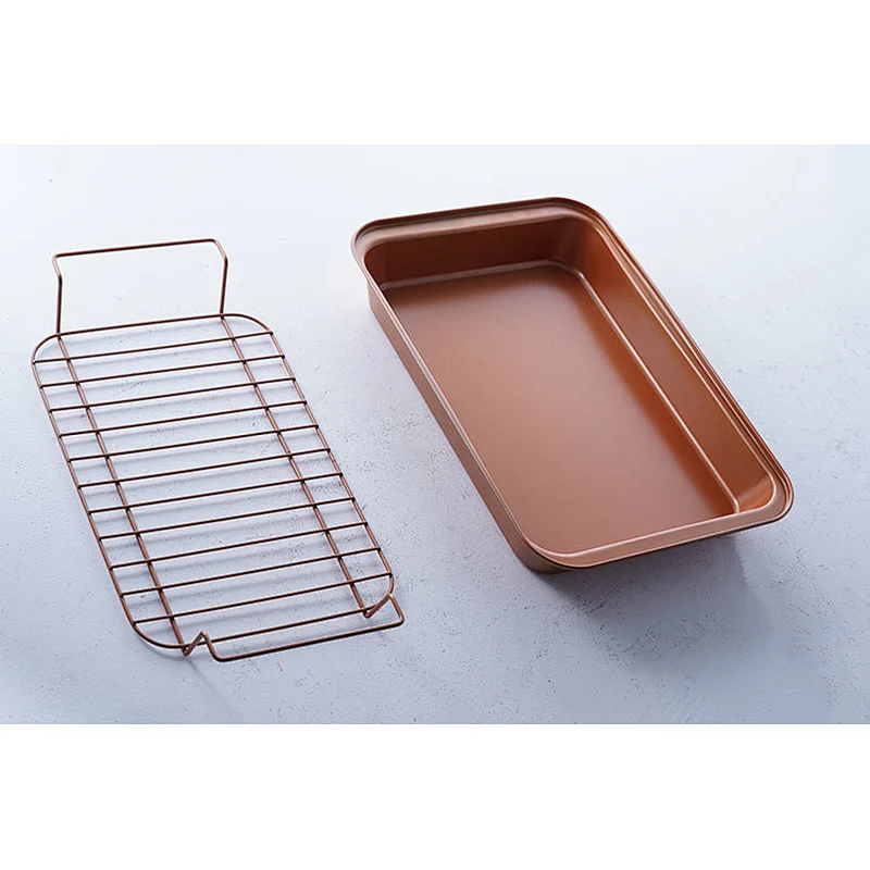 Big capacity brown black rectangular baking ware tray set bakeware nonstick carbon steel tray set for oven with net rack