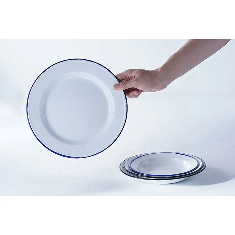 Wholesale accept custom logo multiple sizes available white round classic design carbon steel enamel serving dishes plates