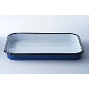Custom design blue rectangular big capacity carbon steel enamel ware tray dishes serving plates for restaurant