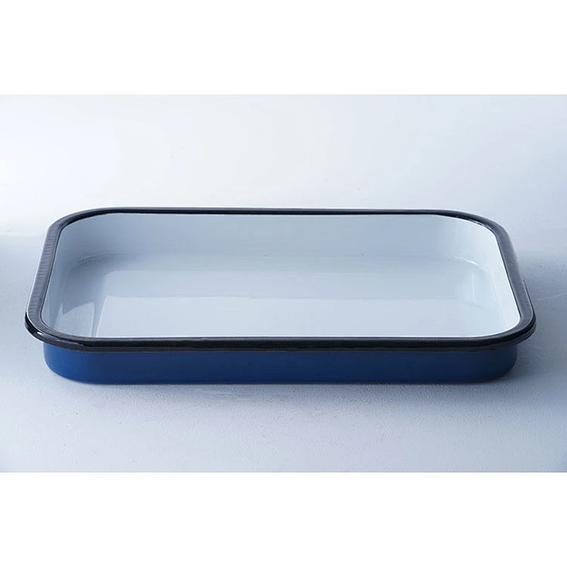 Custom design blue rectangular big capacity carbon steel enamel ware tray dishes serving plates for restaurant