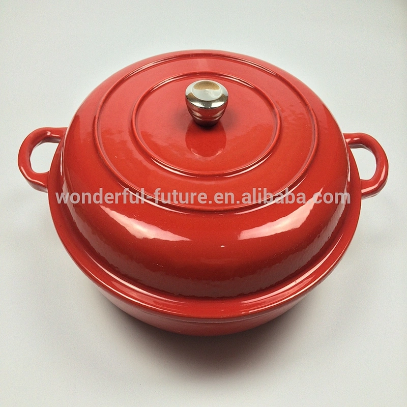 Low large diameter cast iron enamel pot with double handles and bakelite or stainless steel knob