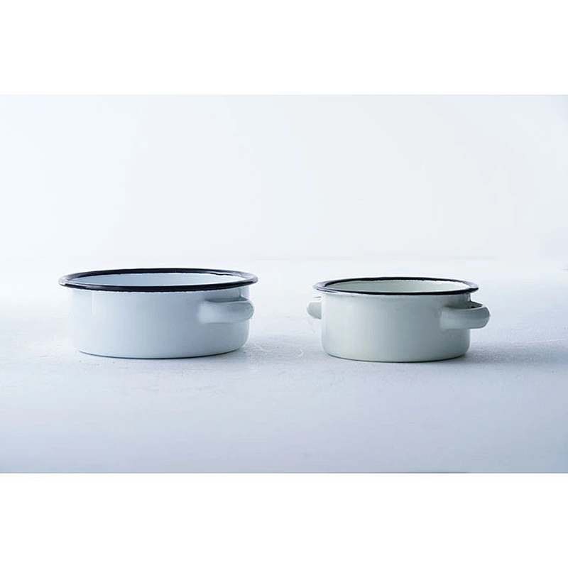 Hot sale multiple sizes available white flat bottom carbon steel enamel metal bowls wholesale with two side handle
