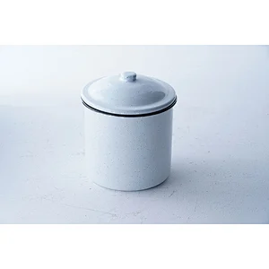 Hot sale white round classic pattern household serving no handle metal carbon steel enamel cup mug with lid