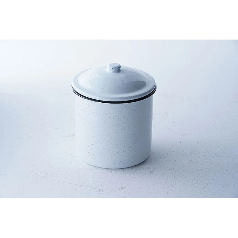 Hot sale white round classic pattern household serving no handle metal carbon steel enamel cup mug with lid