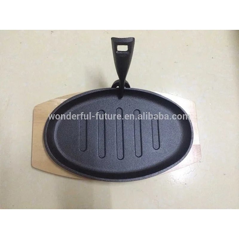 cast iron preseasoned fry pan, skillet set,sizzler plate with birch wood,frying pan with wooden base