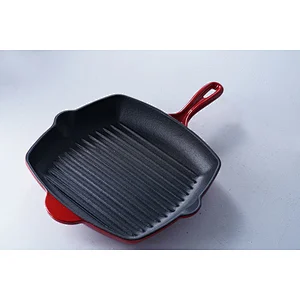 Wholesale professional red square cast-iron enamel frying pan non-stick skillet with one long handles and one side handles