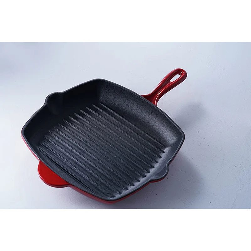 Wholesale professional red square cast-iron enamel frying pan non-stick skillet with one long handles and one side handles