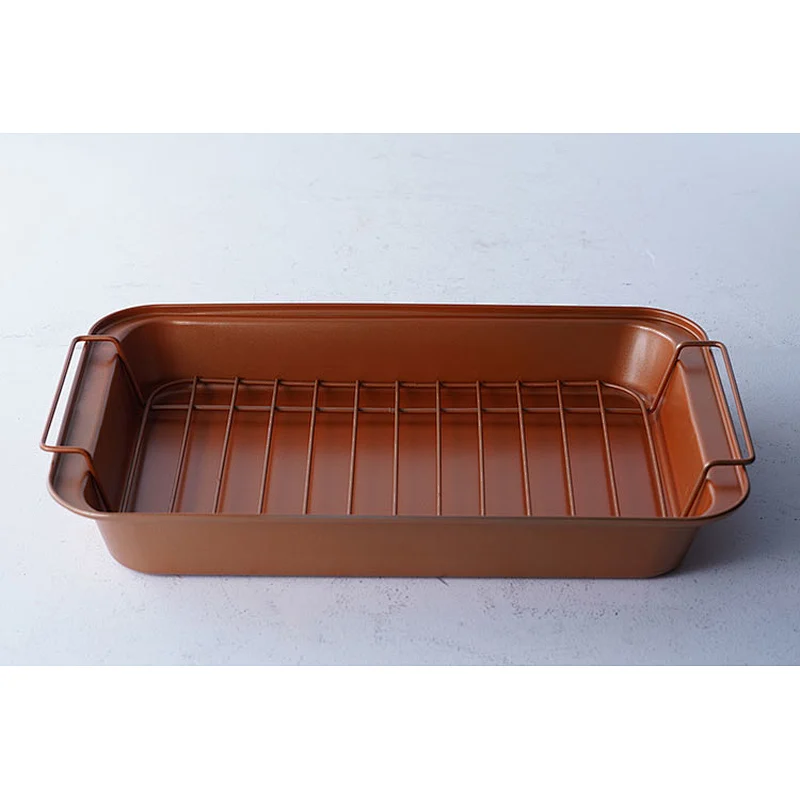 Big capacity brown black rectangular baking ware tray set bakeware nonstick carbon steel tray set for oven with net rack