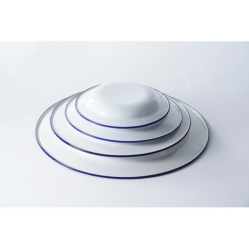 Wholesale durable household dinnerware white round multiple sizes available carbon steel enamel plates dishes set