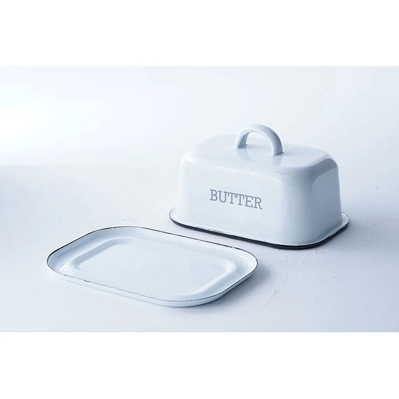 Professional tableware supplier good quality OEM ODM white carbon steel enamel butter dish with lid