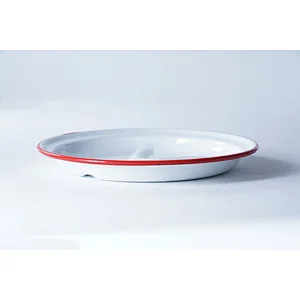 Good quality special design divided dinner plate blue red frame carbon steel enamel plates dishes for restaurant