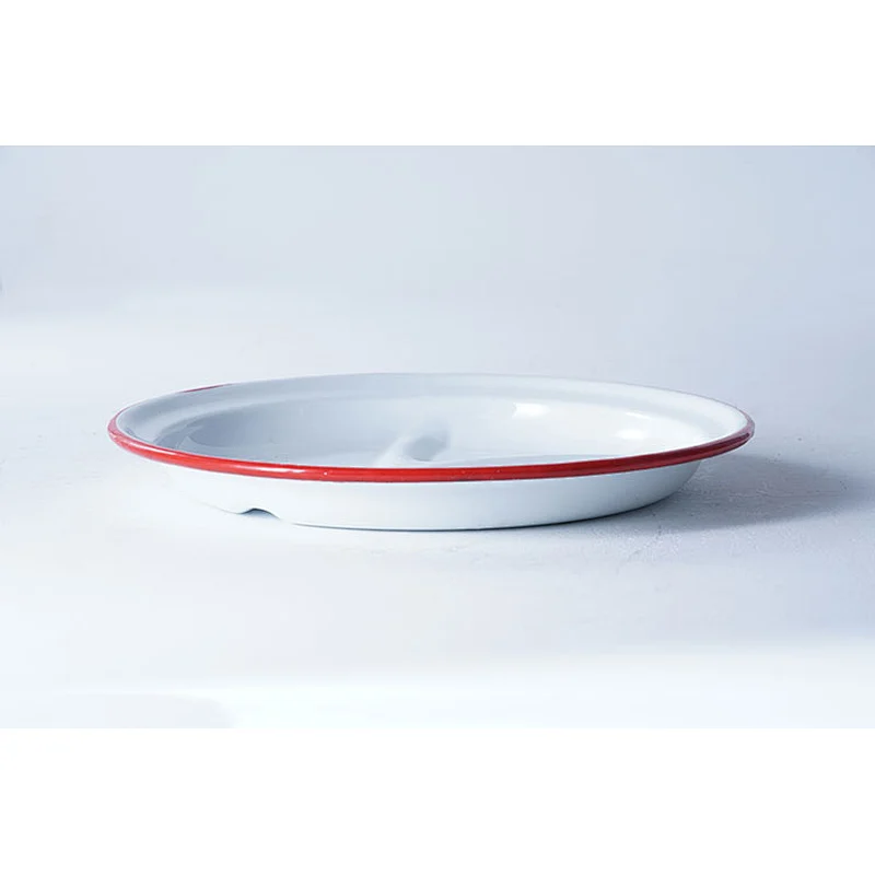 Good quality special design divided dinner plate blue red frame carbon steel enamel plates dishes for restaurant