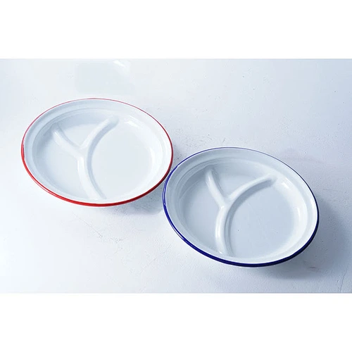 Good quality special design divided dinner plate blue red frame carbon steel enamel plates dishes for restaurant