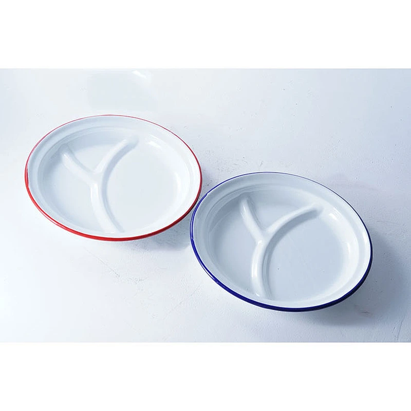 Good quality special design divided dinner plate blue red frame carbon steel enamel plates dishes for restaurant