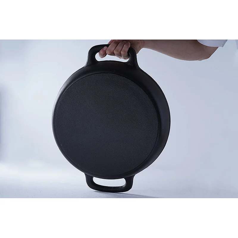 Professional cookware supplier black round two side handles big cast iron preseasoned fry pan non stick with glass lid