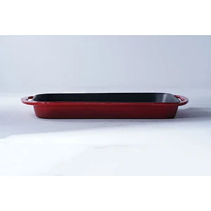 OEM red rectangular big capacity gathering party cast iron cookware enamel non-stick skillet fry pan with two side handles