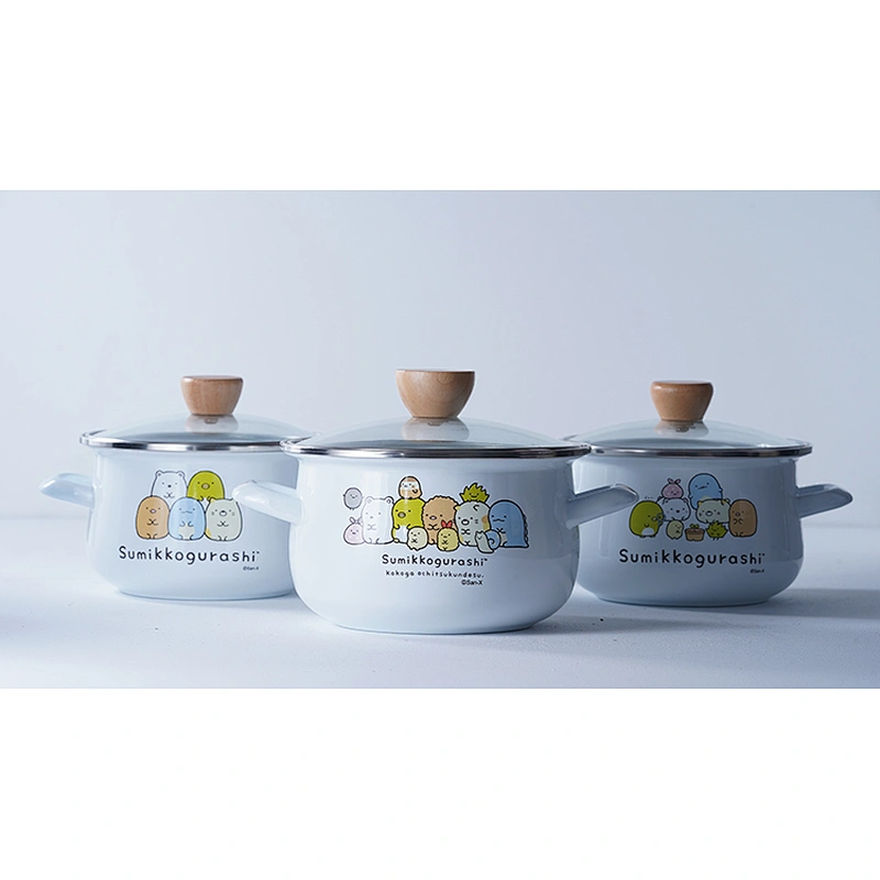 High quality dinnerware multiple sizes available lovely cartoon printing white carbon steel enamel bowl with glass cover