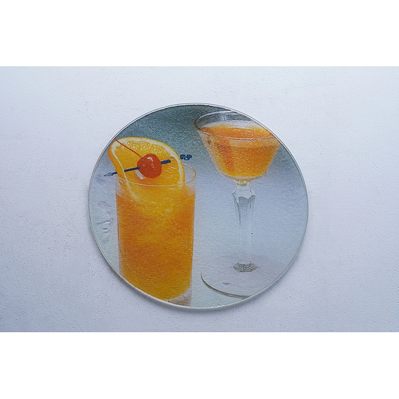 Wholesale good quality kitchen tools round customized juice printed design cutting board tempered glass chopping board