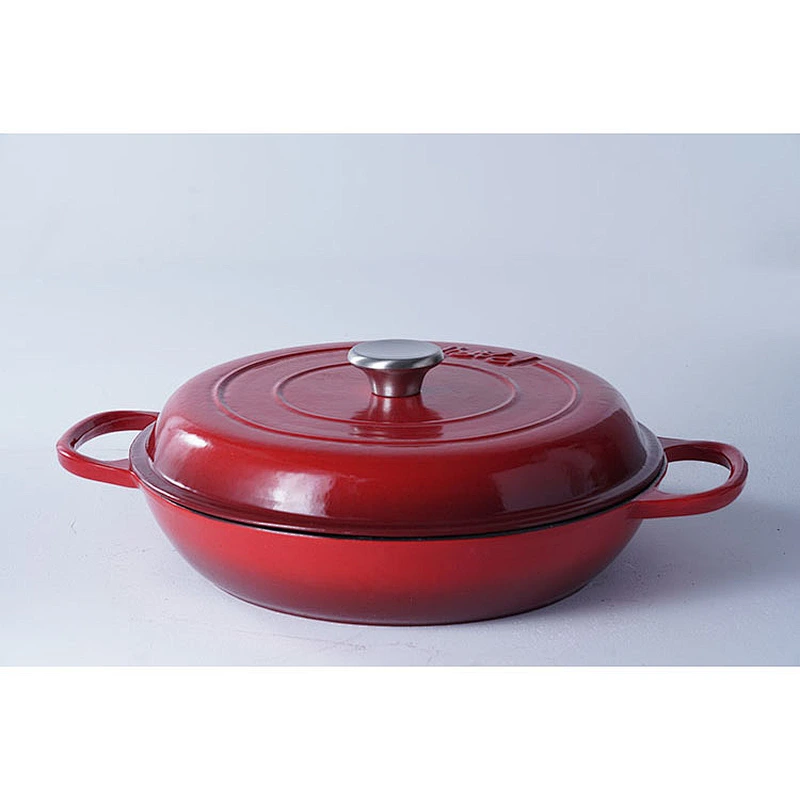 Wholesale good quality competitive price red round kitchen pots cast iron enamel coated cooking shallow pot with lid