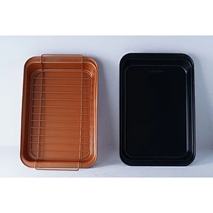 Big capacity brown black rectangular baking ware tray set bakeware nonstick carbon steel tray set for oven with net rack