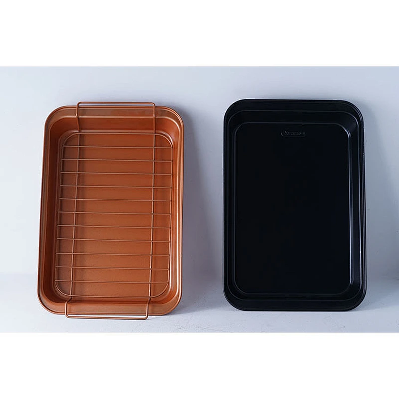 Big capacity brown black rectangular baking ware tray set bakeware nonstick carbon steel tray set for oven with net rack