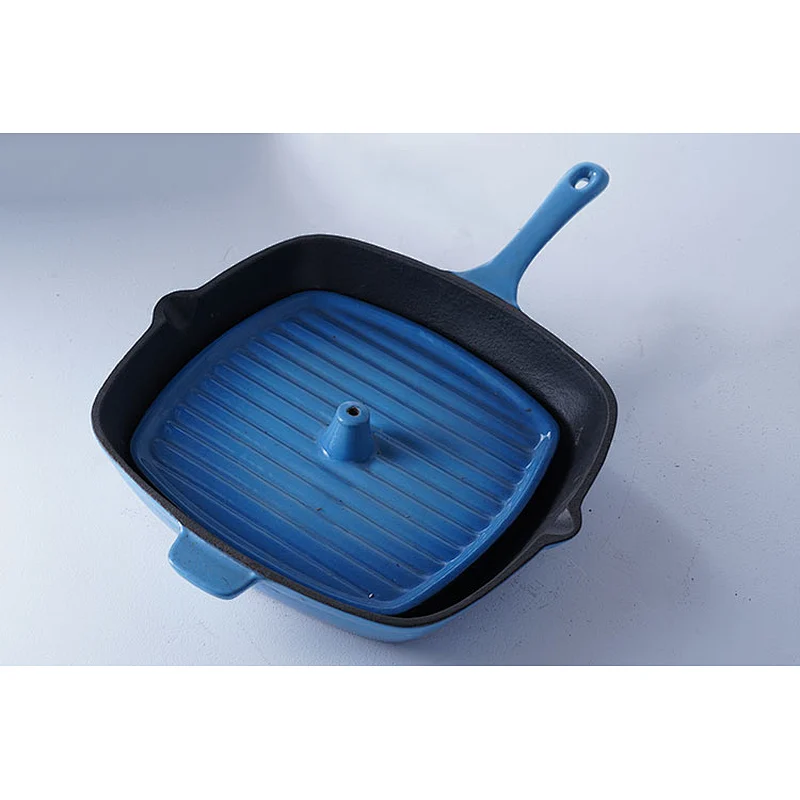 Professional cookware supplier OEM ODM universal blue square cast iron enamel frying pan with same material lid