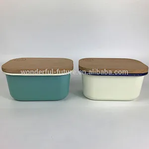 Rectangular Shape Grey Deep Enamel Coating Butter Dish with Wooden Cover