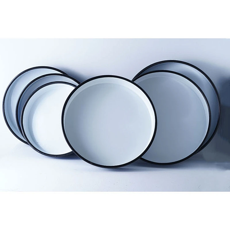 Wholesale blue round flat bottom multiple sizes available party decoration carbon steel enamelled pie dish serving plate set