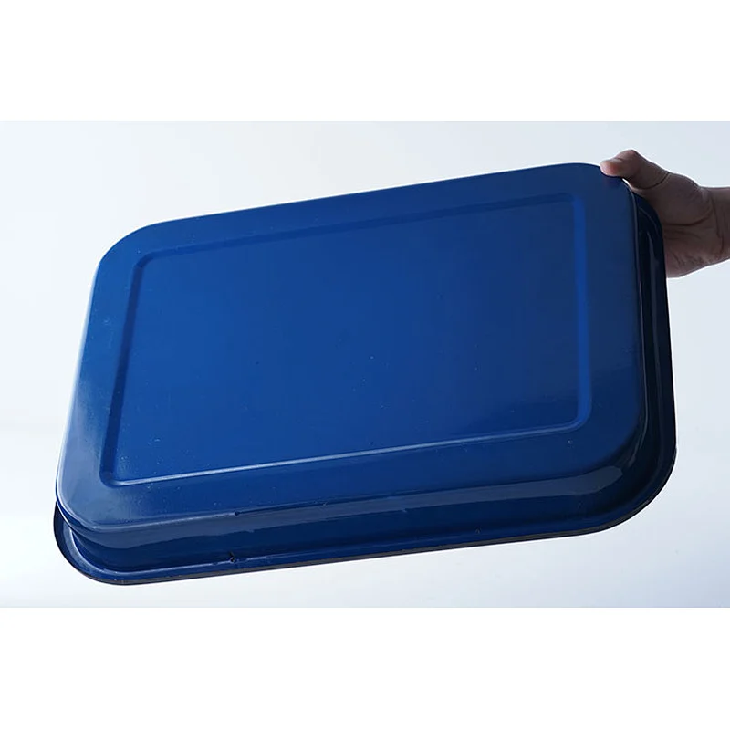 Custom design blue rectangular big capacity carbon steel enamel ware tray dishes serving plates for restaurant