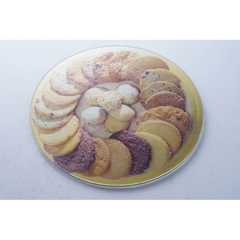 Wholesale kitchen tools customized cookies printed design tempered glass cutting board round chopping board