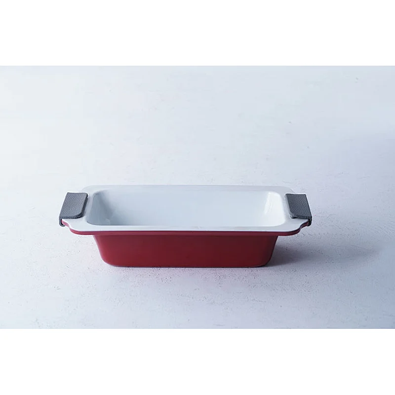 Wholesale custom design red rectangular carbon steel non stick coating baking tray for oven with two side handles