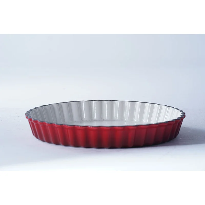Hot sale OEM ODM special decorative wave border design red round flat bottom enamel frying pan induction cast iron