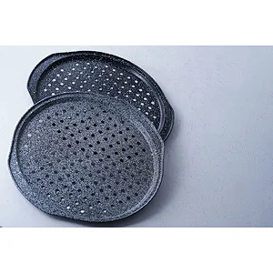 Shallow flat bottom round perforated tray carbon steel non stick coating kitchen cake tools mold with two side handles