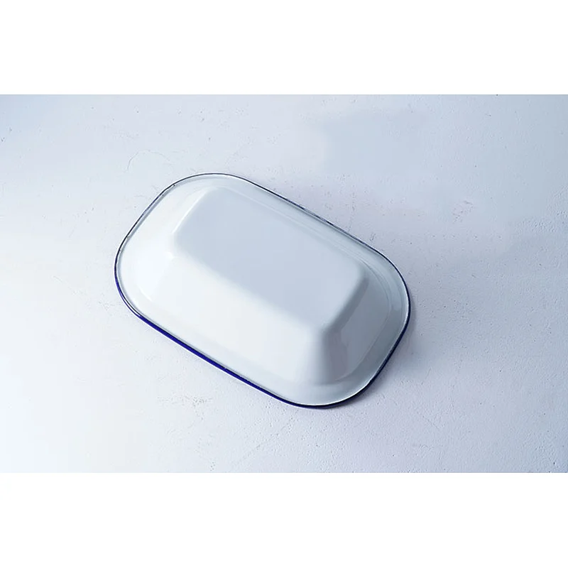 Hot sale custom printing small household white rectangular carbon steel enamel metal camping plate dish