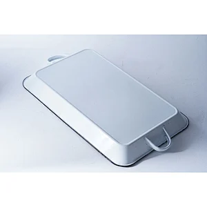 Hot sale durable white rectangular big capacity dinner party carbon steel enameled metal dishes plates with two side handle