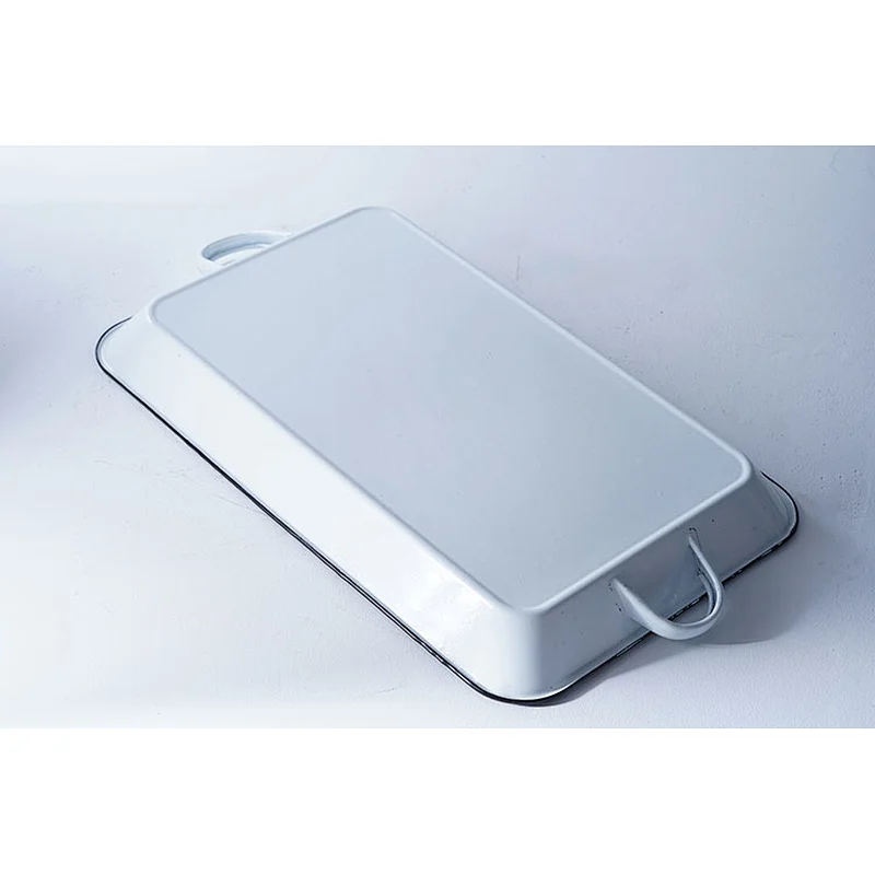 Hot sale durable white rectangular big capacity dinner party carbon steel enameled metal dishes plates with two side handle