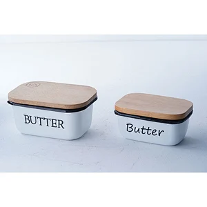 Promotional good quality tableware colorful multiple sizes available carbon steel enamel butter dish with wooden lid