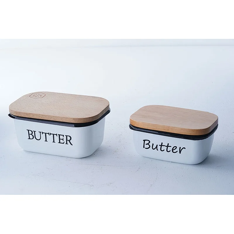 Promotional good quality tableware colorful multiple sizes available carbon steel enamel butter dish with wooden lid