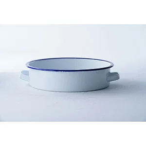 Hot sale personalized printing white round flat bottom carbon steel enamel fruit plate for kids with two side handles