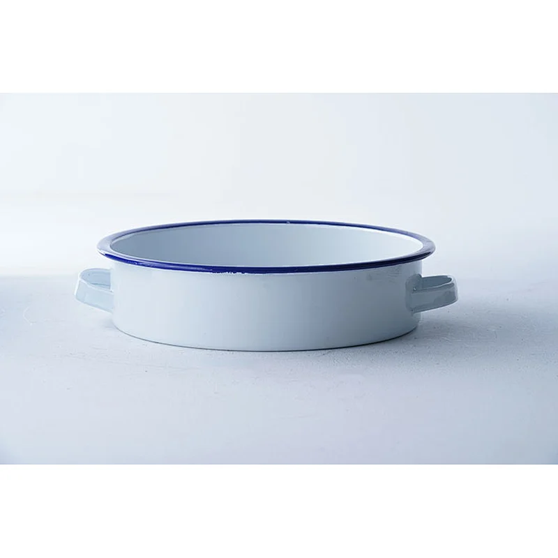 Hot sale personalized printing white round flat bottom carbon steel enamel fruit plate for kids with two side handles