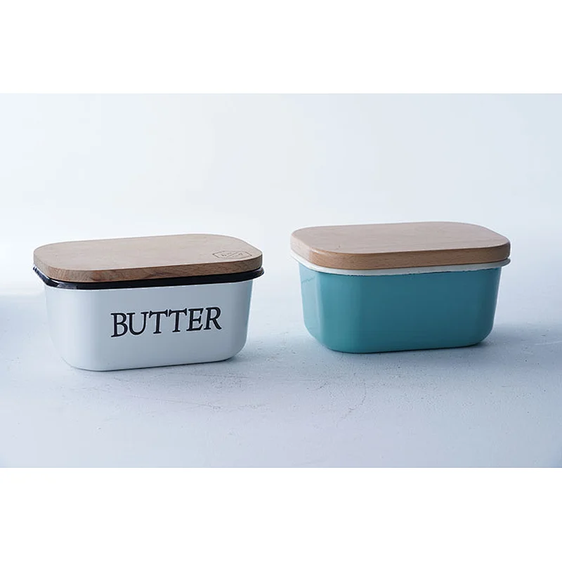 Promotional good quality tableware colorful multiple sizes available carbon steel enamel butter dish with wooden lid