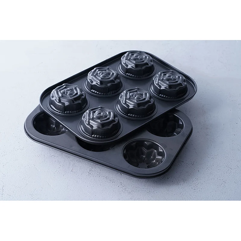 Wholesale two kinds of flower shape 6 holes carbon steel non stick coating cup cake molds for cake decoration