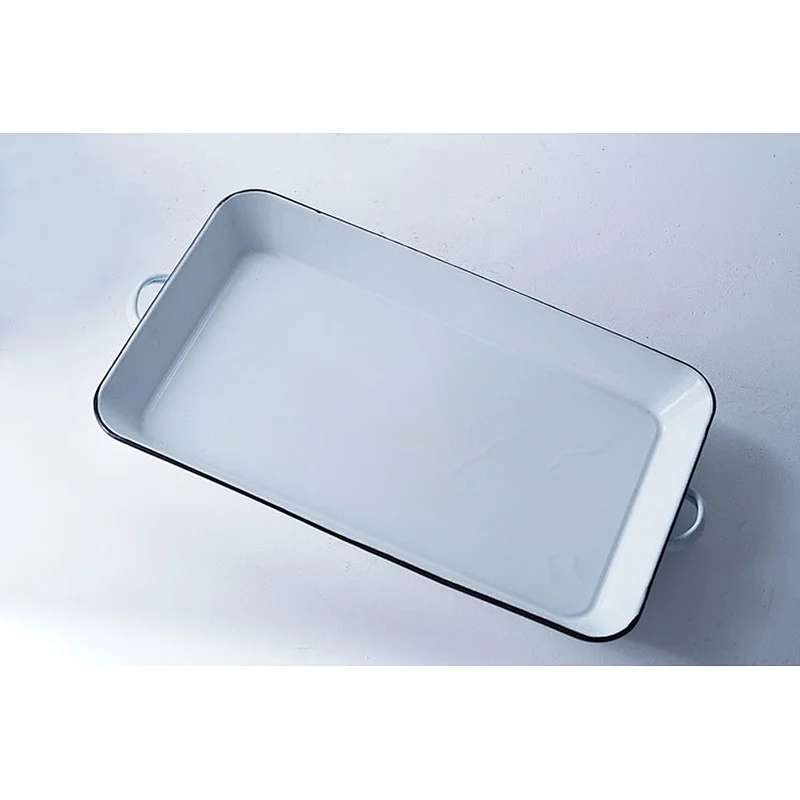 Hot sale durable white rectangular big capacity dinner party carbon steel enameled metal dishes plates with two side handle