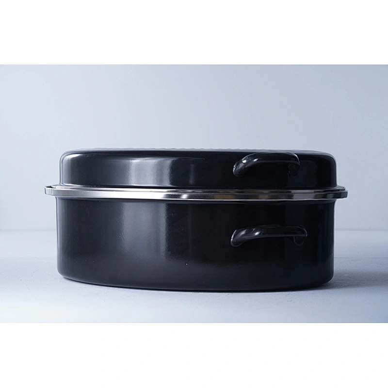 Good quality cookware OEM black multiple sizes carbon steel enamel heavy duty self basting roaster pan pot set with lid