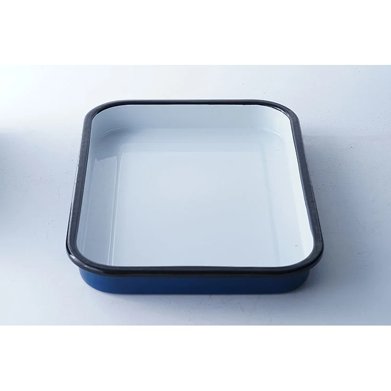 Custom design blue rectangular big capacity carbon steel enamel ware tray dishes serving plates for restaurant