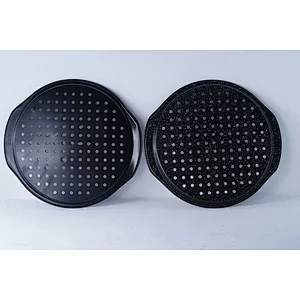 Shallow flat bottom round perforated tray carbon steel non stick coating kitchen cake tools mold with two side handles