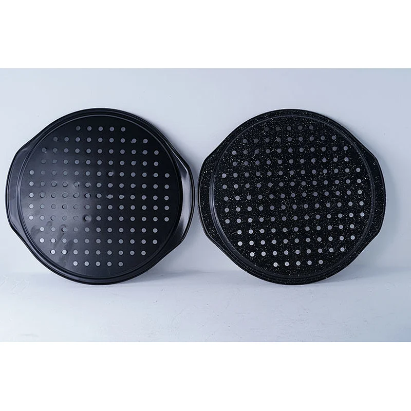 Shallow flat bottom round perforated tray carbon steel non stick coating kitchen cake tools mold with two side handles