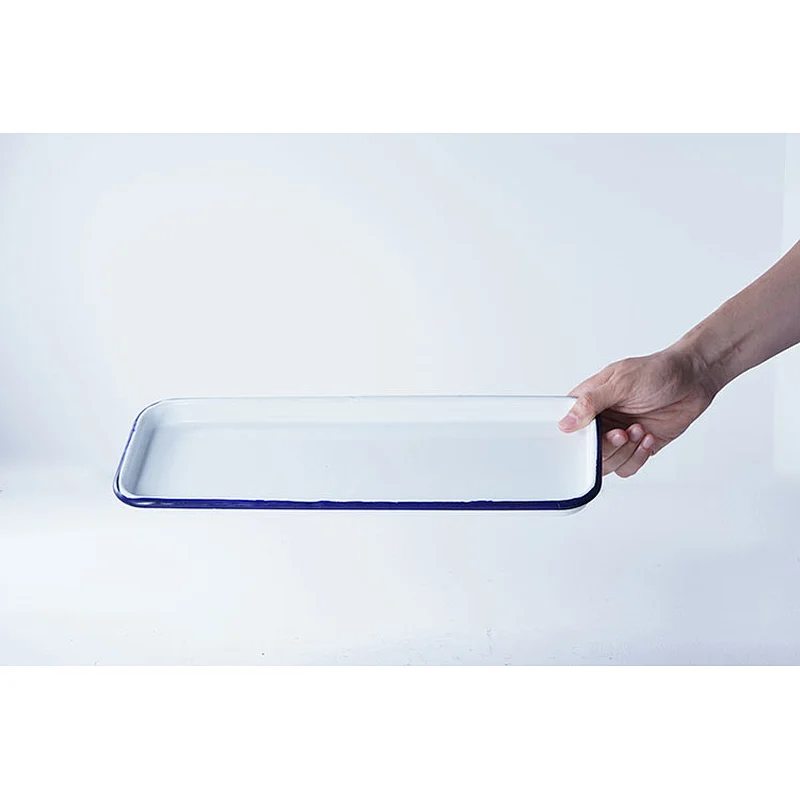 Wholesale high temperature big capacity white rectangular carbon steel enamel camping tray dishes plates
