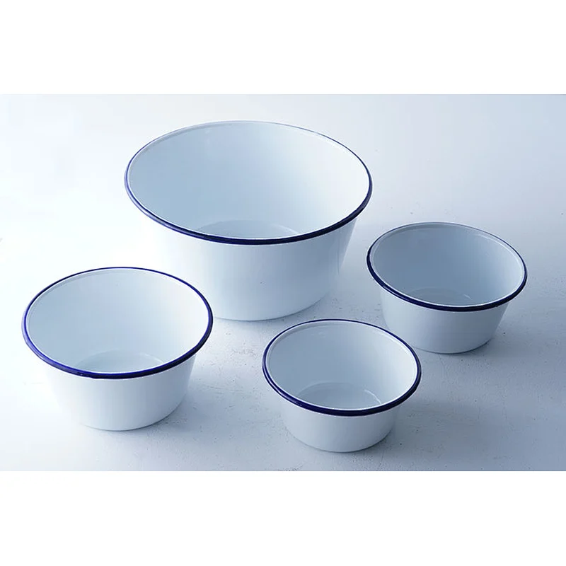 Hot sale household classic multiple sizes white round big capacity multifunction metal carbon steel enamel bowl sets