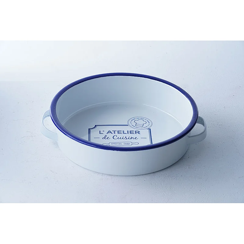 Hot sale personalized printing white round flat bottom carbon steel enamel fruit plate for kids with two side handles